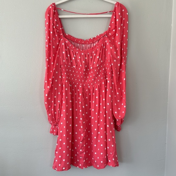 AFRM Long Sleeve Smocked Waist Polka Dot Mini Dress - Picture 4 of 7